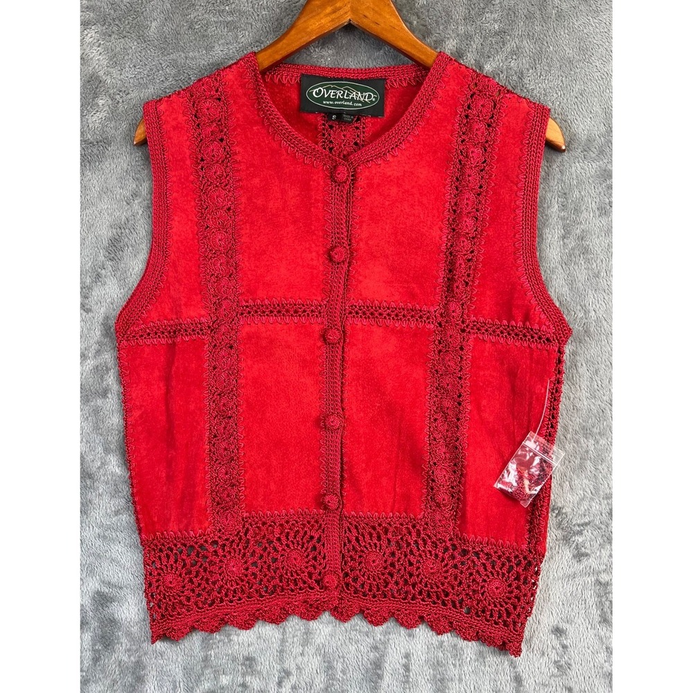 Overland Suede Crochet Vest Womens Small Red Lace Trim Western Boho Festival